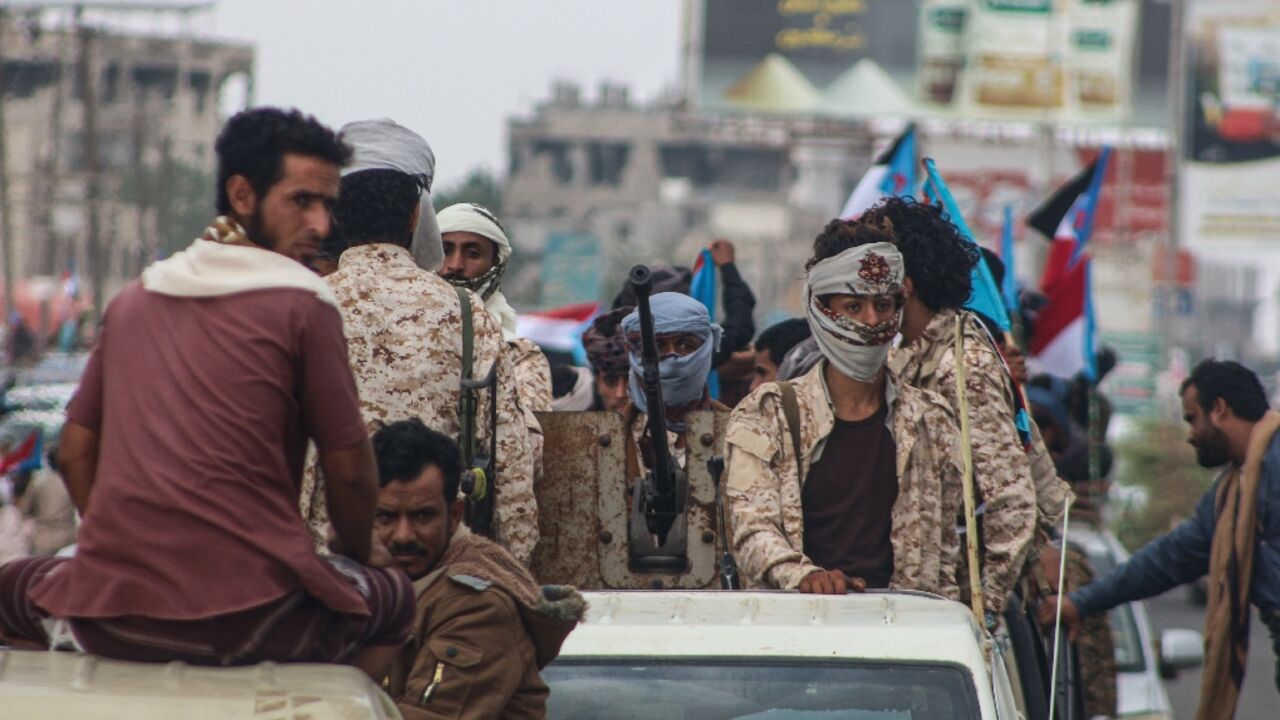 Members of the Sabahiha tribes of Lahj gather during a rally to show their support for the UAE-backed Southern Transitional Council in  Aden on December 14