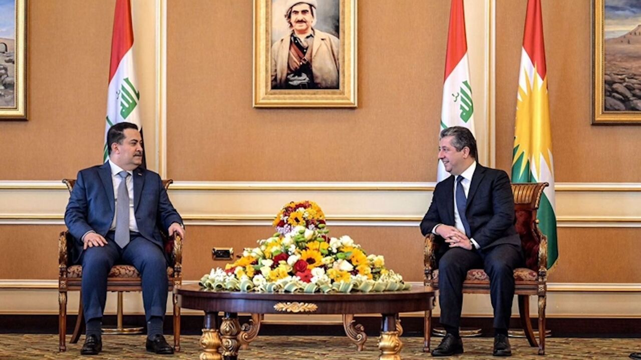 KRG Prime Minister Masrour Barzani (R) and Iraqi Prime Minister Mohammed Shia al-Sudani (L) meet in Irbil on April 12, 2025.