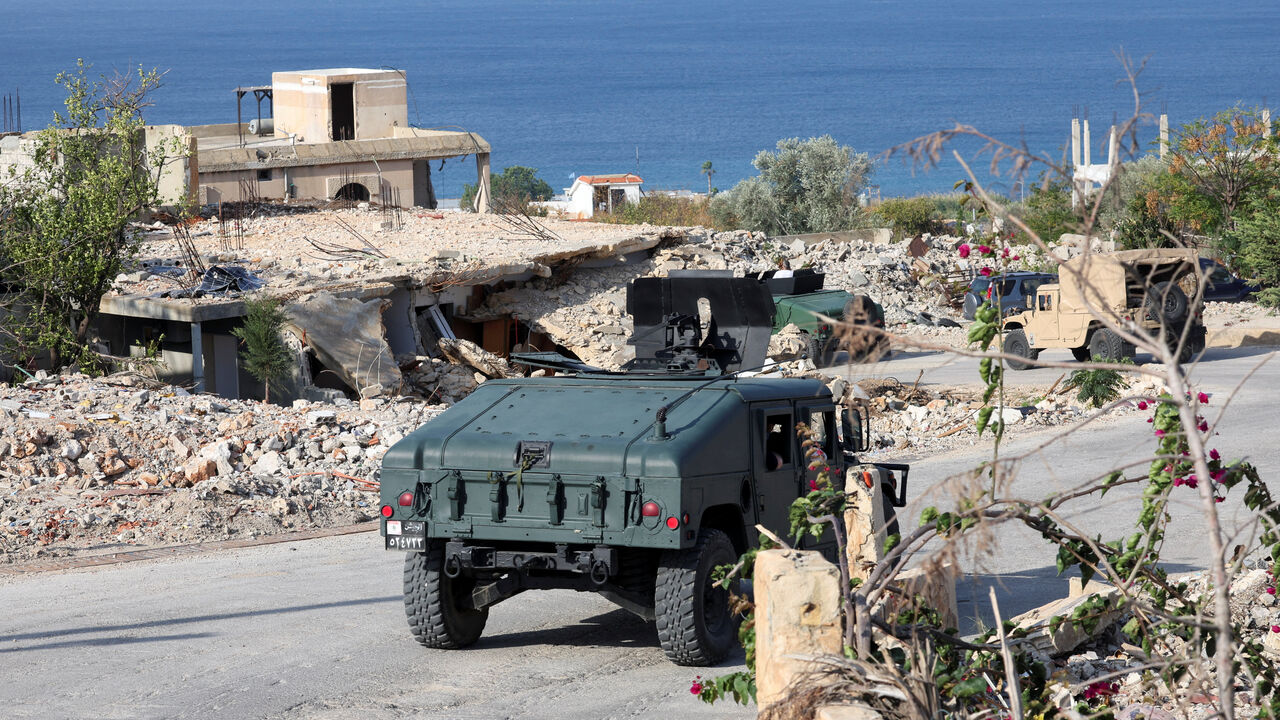 Lebanese army members drive military vehicles during a Lebanese army media tour, to review the army's operations in the southern Litani sector, in Naqoura, near the border with Israel, southern Lebanon, November 28, 2025. REUTERS/Aziz Taher
