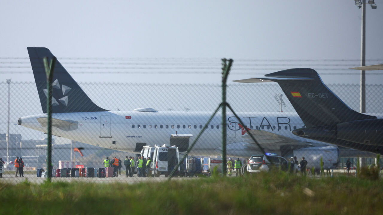 A Turkish Airlines plane is inspected by police after a false bomb threat following an emergency landing at Josep Tarradellas-El Prat Airport in Barcelona, Spain January 15, 2026. REUTERS/Albert Gea
