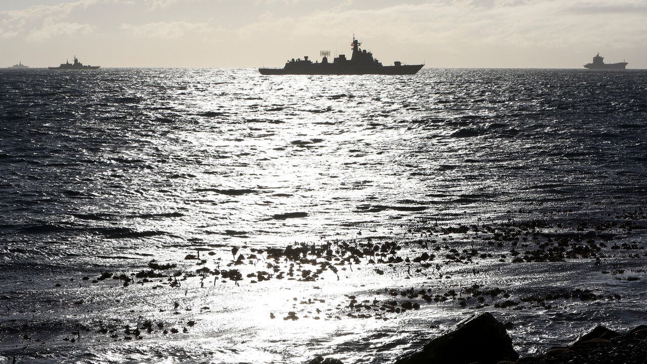 Navy vessels sail in False Bay, near the Simon's Town Naval base on the last day of the BRICS Plus countries which include China, Russia and Iran for a joint naval exercises in South Africa's waters, in Cape Town, South Africa, January 16, 2026. REUTERS/Esa Alexander