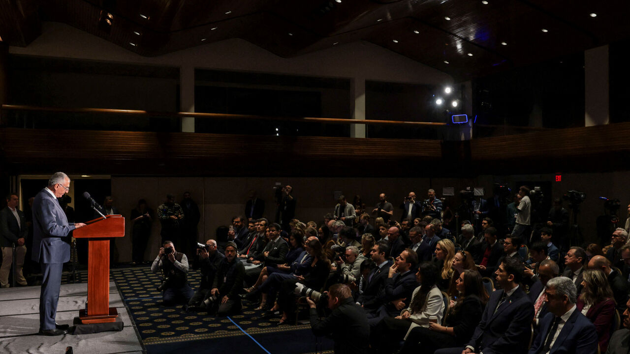 Reza Pahlavi, the son of Iran's last shah and an Iranian opposition figure, speaks during a press conference in Washington, D.C., U.S., January 16, 2026. REUTERS/Jonathan Ernst