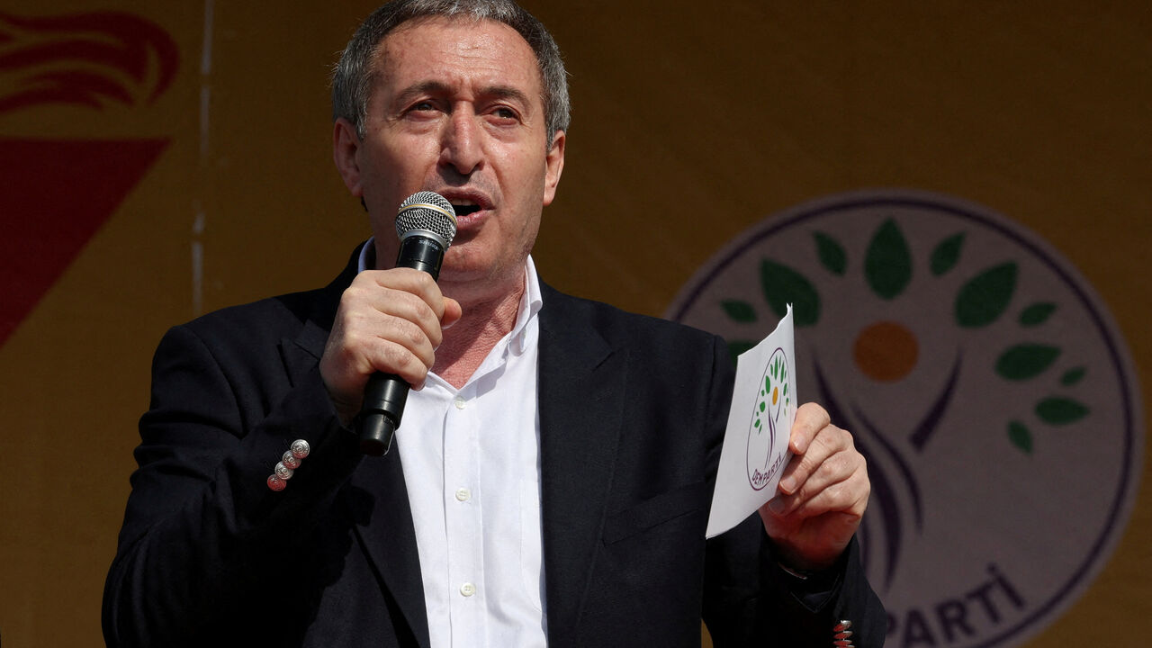 Tuncer Bakirhan, co-chair of pro-Kurdish Peoples' Equality and Democracy Party (DEM Party), speaks during a rally to celebrate Nowruz, which marks the arrival of spring, in Istanbul, Turkey, March 17, 2024. REUTERS/Umit Bektas