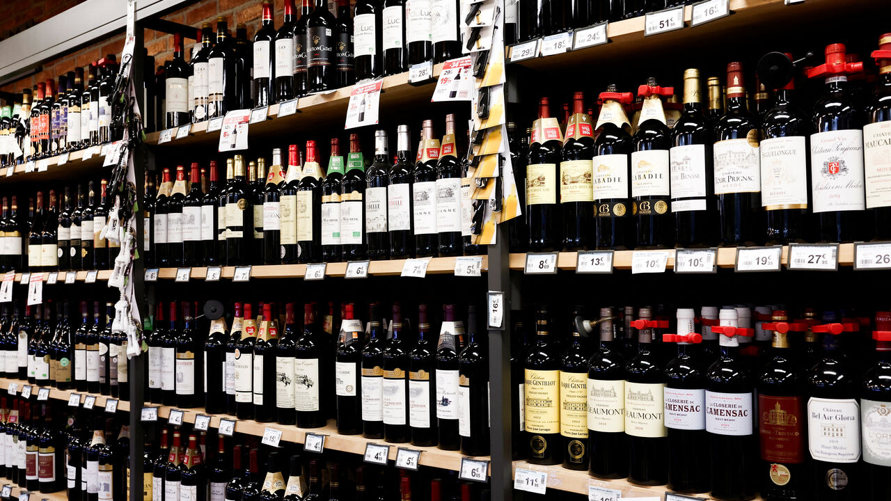 Bottles of French wine are displayed for sale at a supermarket in Paris, France, April 4, 2025. REUTERS/Benoit Tessier