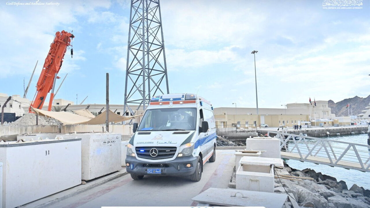 An ambulance stands following the report of French tourists being killed when a boat capsized off the coast of Oman, according to the Omani police, in Muttrah, Oman, in this handout image relased on January 27,  2026. Civil Defence and Ambulance Authority - Sultanate of Oman/Handout via REUTERS