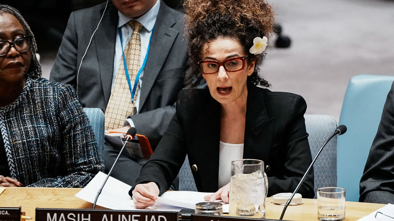 Iranian-American journalist, author, and political activist, Masih Alinejad, speaks during a meeting of the United Nations Security Council on Iran at the request of the United States at U.N. headquarters in New York City, U.S., January 15, 2026. REUTERS/Eduardo Munoz