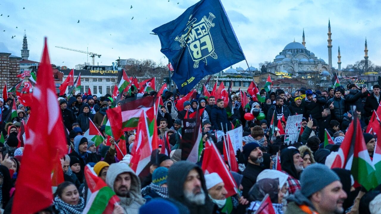 Thousands of demonstrators rallied on Istanbul's Galata Bridge in a mass show of support for Gaza