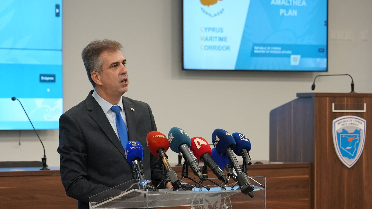 Israel's Foreign Minister Eli Cohen gives a press conference in Larnaca on December 20, 2023 talking about a humanitarian aid corridor from the Mediterranean island to war-torn Gaza. (Photo by Elisa AMOURET / AFP) (Photo by ELISA AMOURET/AFP via Getty Images)