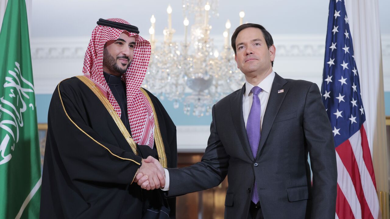 Saudi Arabian Defense Minister Prince Khalid bin Salman and US Secretary of State Marco Rubio pose for a photo opportunity ahead of a meeting in the US State Department Building on Feb. 25, 2025, in Washington, DC.