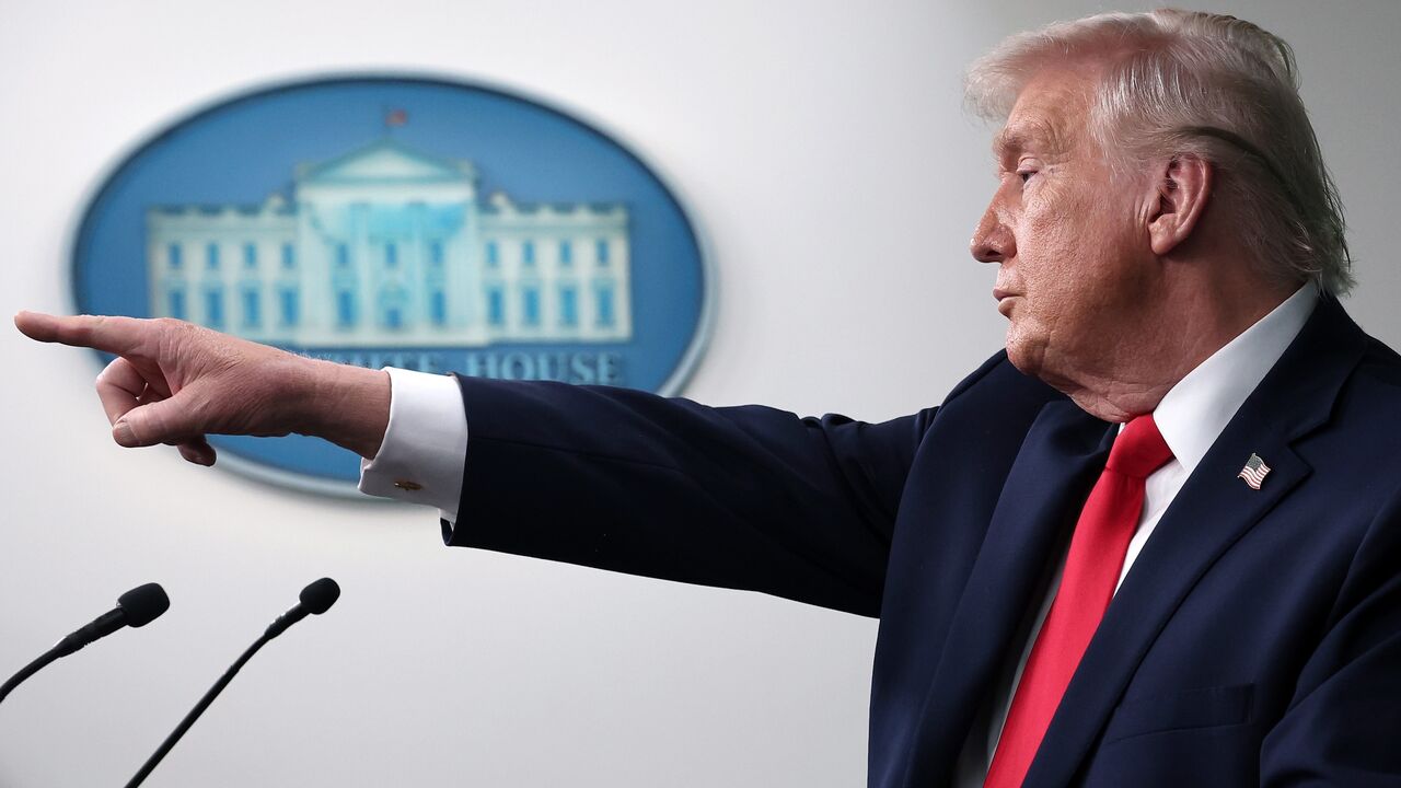 President Donald Trump takes questions from the media during a press briefing on Jan. 20, 2026, in Washington. 
