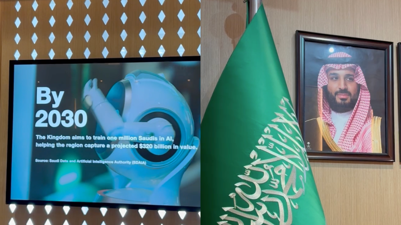 Scenes from the inside of Saudi House at the World Economic Forum in Davos, Switzerland, including the green Saudi Arabian flag standing next to a framed portrait of Mohammed bin Salman, the kingdom's crown prince.