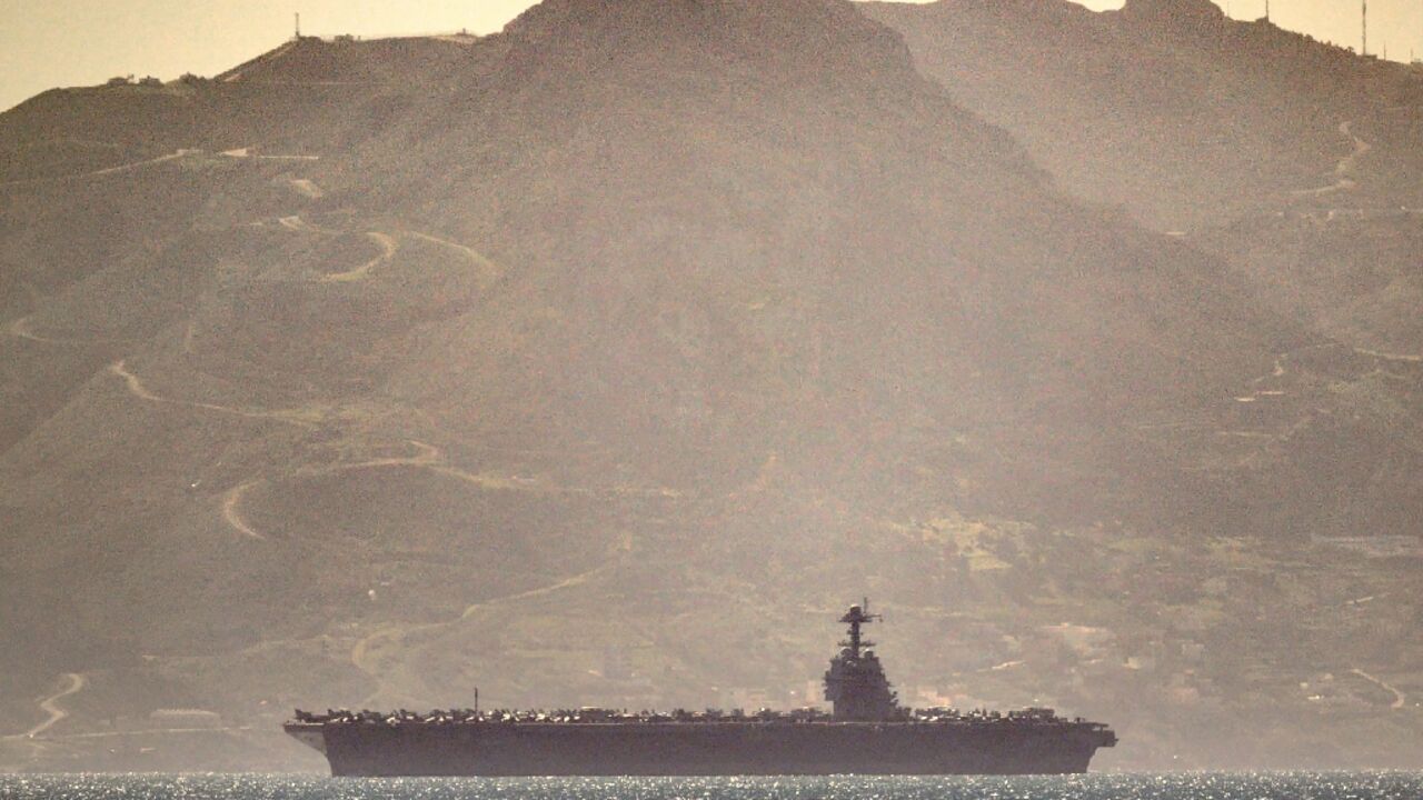 An image taken and released by David Parody on February 20, 2026 shows the USS Gerald R. Ford transiting the Strait of Gibraltar