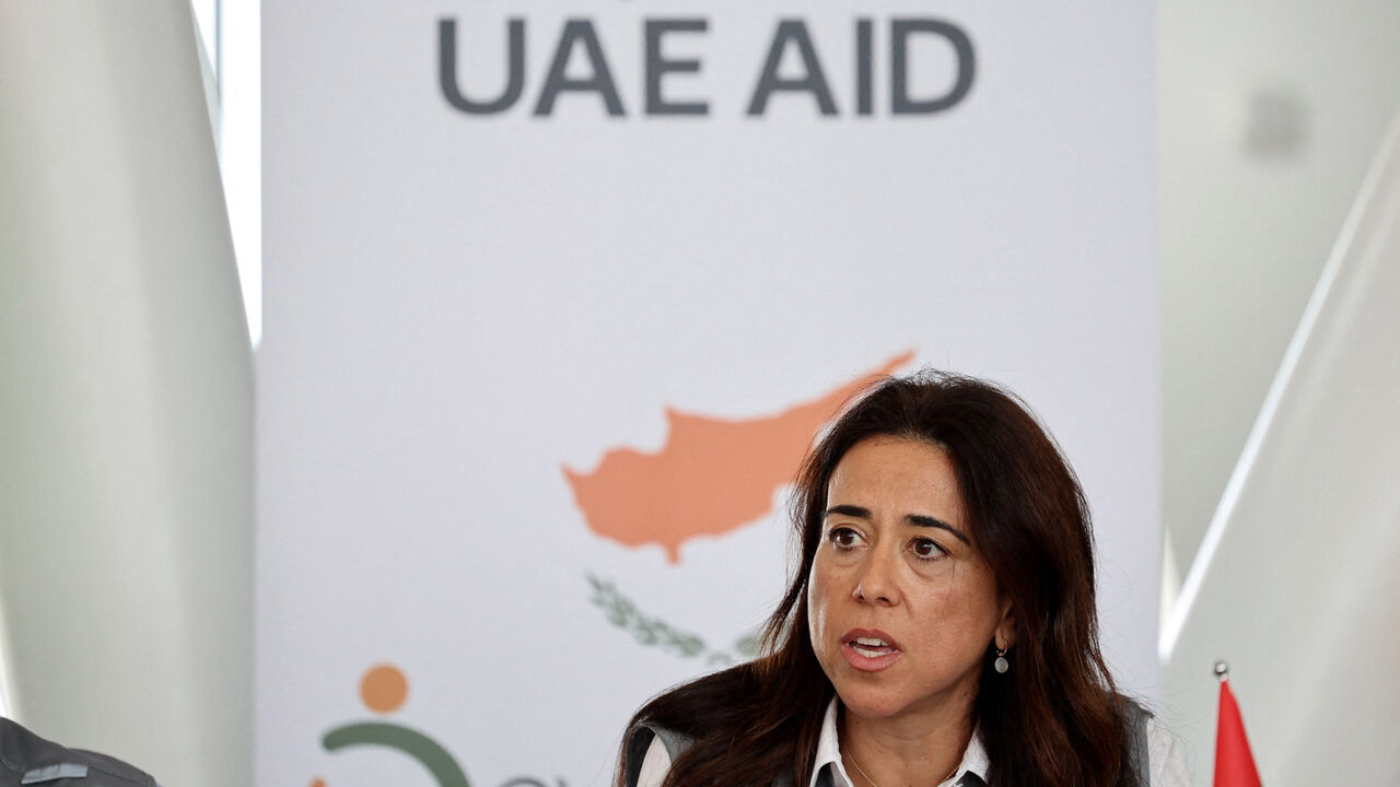 UAE's Minister of State Lana Nusseibeh speaks to the media at Limassol port, Cyprus, where aid is accumulating for the people of Gaza, November 7, 2025. REUTERS/Yiannis Kourtoglou