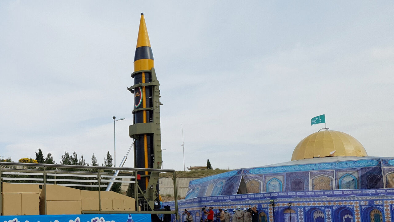 A new surface-to-surface ballistic missile called Khaibar with a range of 2,000 km, unveiled by Iran, is seen in Tehran, Iran, May 25, 2023.WANA (West Asia News Agency) via REUTERS