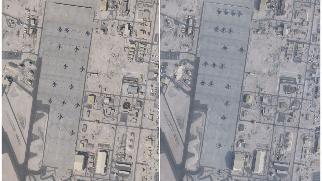 A combination of satellite images shows an increase in the number of aircraft at the Al-Udeid Air Base, near Doha, Qatar, comparing January 17, 2026 and February 1, 2026. 2026 PLANET LABS PBC/Handout via REUTERS