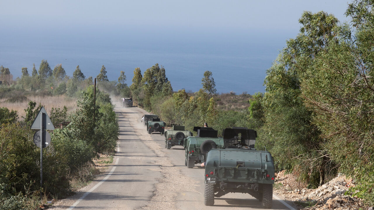 Lebanese army members drive military vehicles during a Lebanese army media tour, to review the army's operations in the southern Litani sector, in Naqoura, near the border with Israel, southern Lebanon, November 28, 2025. REUTERS/Aziz Taher/File Photo