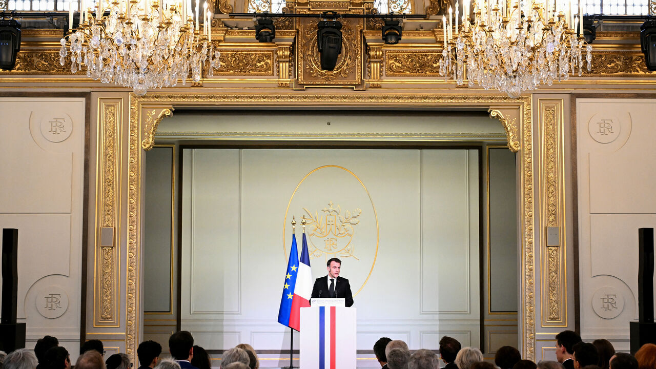 France's President Emmanuel Macron speaks during a ceremony commemorating the 20th anniversary of the murder of Ilan Halimi, a 23-year-old French Jew who was tortured and murdered in 2006, at The Elysee Presidential Palace in Paris, France, February 13, 2026.     BERTRAND GUAY/Pool via REUTERS