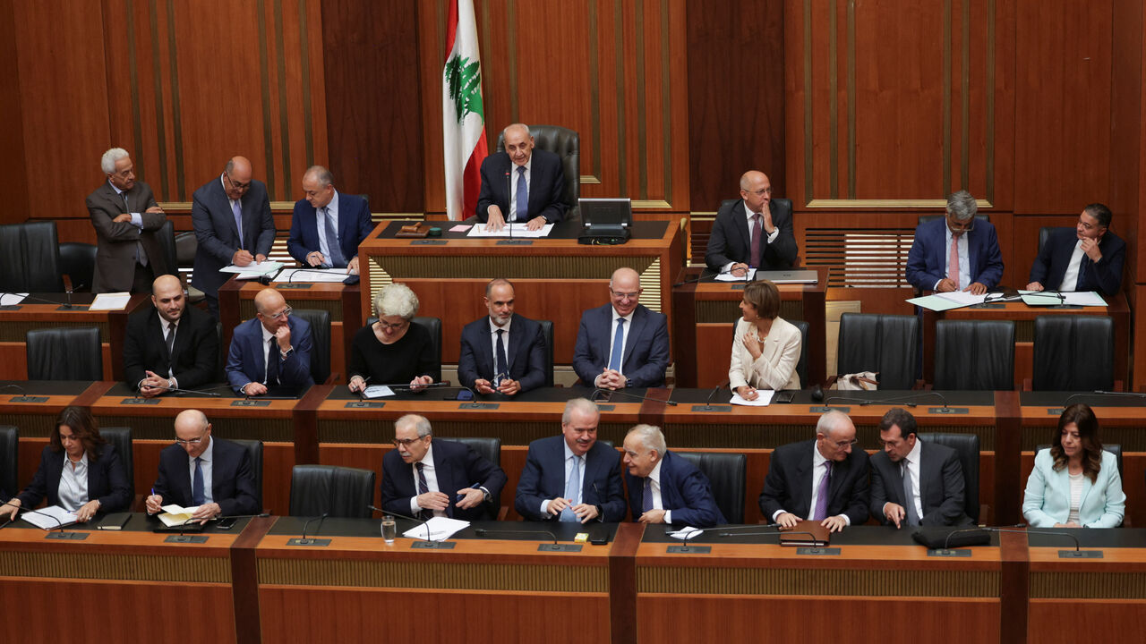 Lebanese Parliament Speaker Nabih Berri and members of the Lebanese government attend a parliament session in Beirut, Lebanon July 15, 2025. REUTERS/Emilie Madi