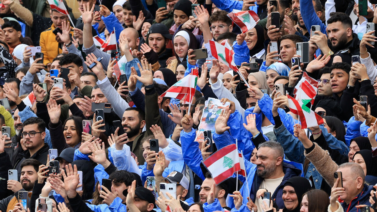 People gather to mark the 21st anniversary of the assassination of former Lebanese Prime Minister Rafik al-Hariri, in Beirut, Lebanon, February 14, 2026. REUTERS/Mohamed Azakir
