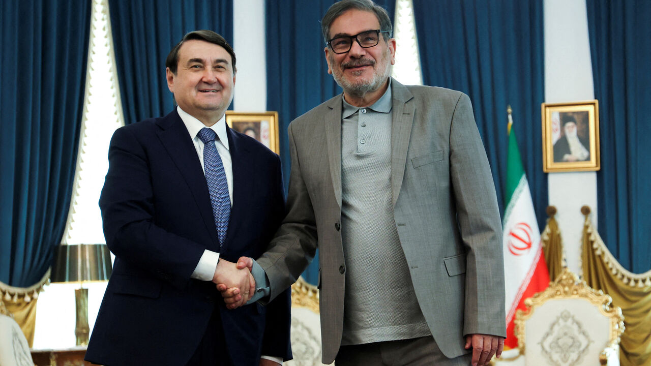 FILE PHOTO: Iran's Secretary of the Supreme National Security Council Ali Shamkhani (R) meets with Russia's Presidential Aide Igor Levitin (L) in Tehran, Iran, April 9, 2023. Majid Asgaripour/WANA (West Asia News Agency) via REUTERS/File Photo