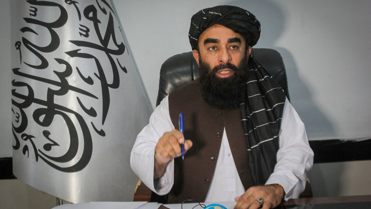 Zabihullah Mujahid, Taliban spokesperson, gestures during a press conference, following an escalation in cross-border tensions with Pakistan, in Kandahar, Afghanistan, February 27, 2026. REUTERS/Stringer