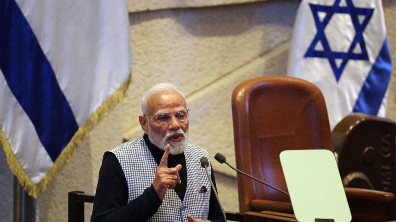 Indian Prime Minister Narendra Modi addresses the Israeli parliament, the Knesset, in Jerusalem