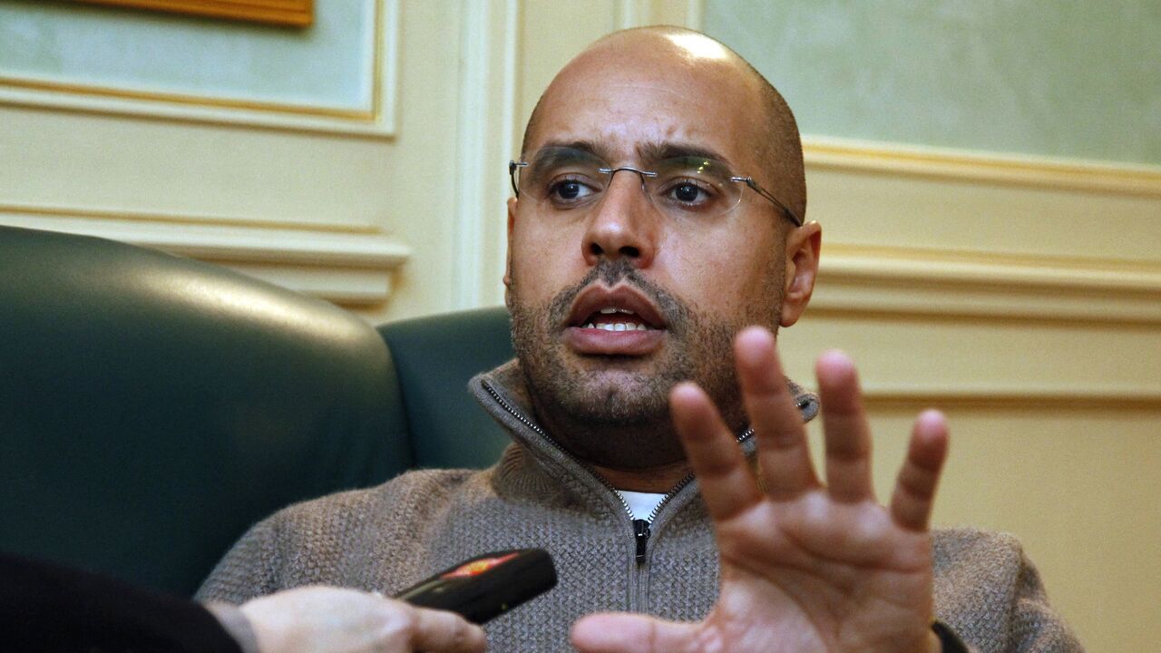 Saif al-Islam Gadhafi, son of Libyan leader Moamer Gadhafi, speaks during an interview with AFP in Tripoli on Feb. 26, 2011. 