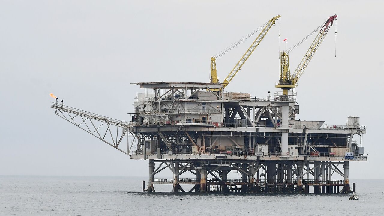 Platform Edith, the largest of Chevron's USA's offshore production platforms, is seen off the southern California coast, on Oct. 6, 2021.