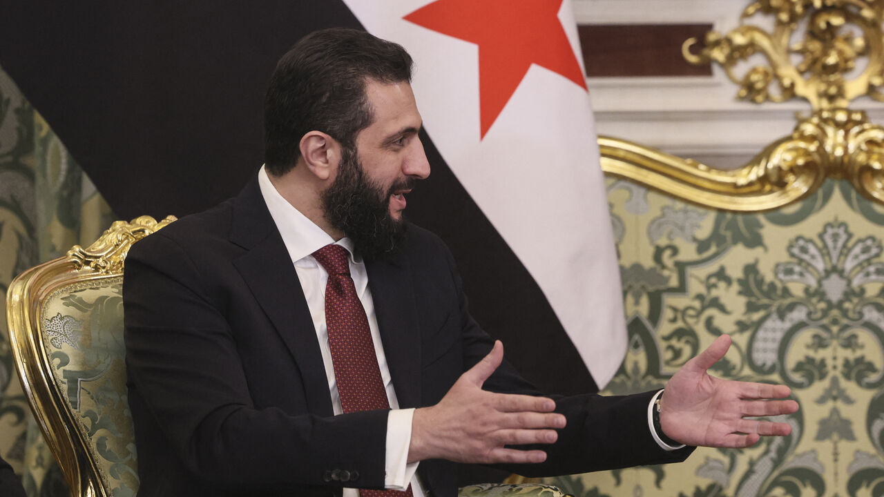 Syria's President Ahmed al-Sharaa speaks during a meeting with Russian President at the Kremlin in Moscow on January 28, 2026. (Photo by MAXIM SHIPENKOV / POOL / AFP via Getty Images)