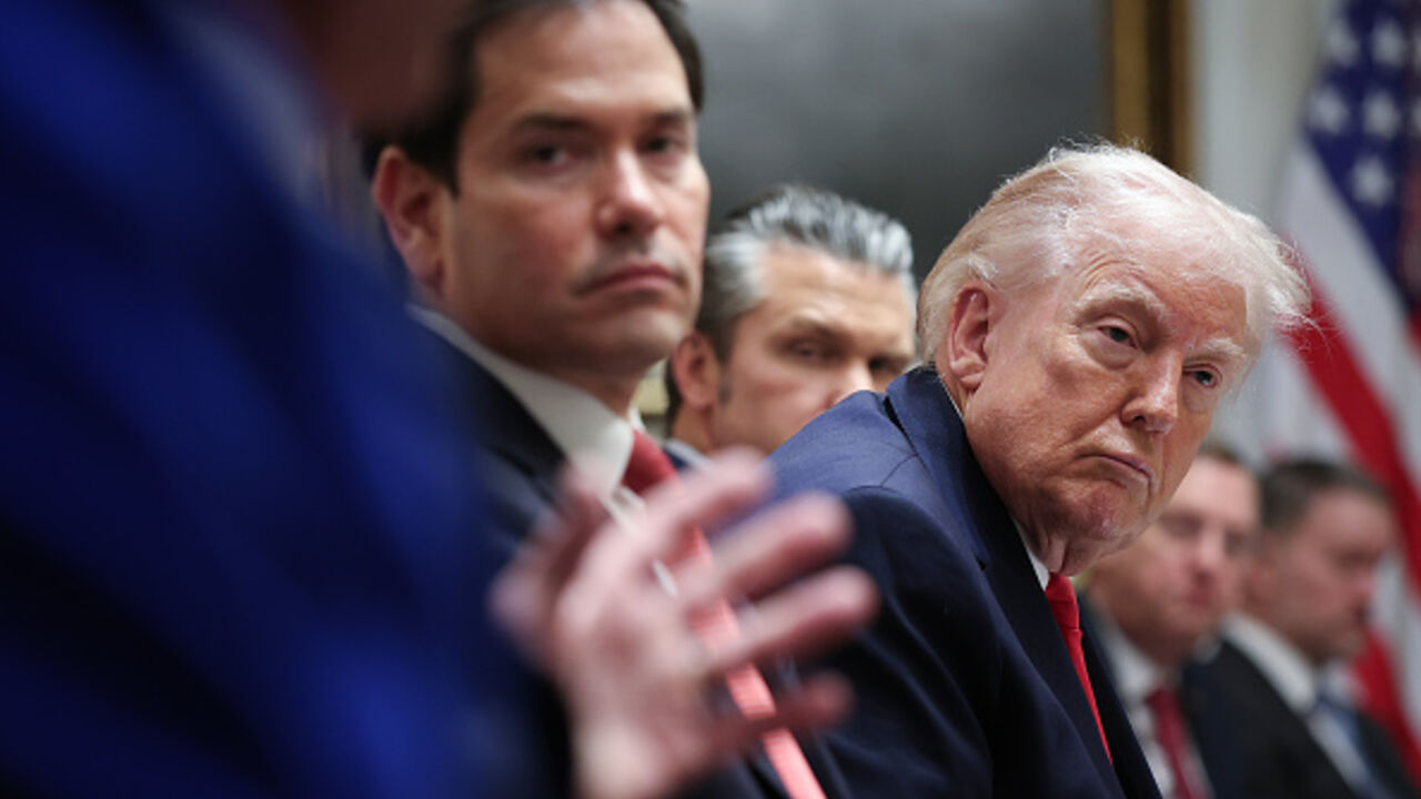 US Secretary of State Marco Rubio and US President Donald Trump during a meeting of the Cabinet at he White House on January 29, 2026 in Washington, DC. (Win McNamee/Getty Images