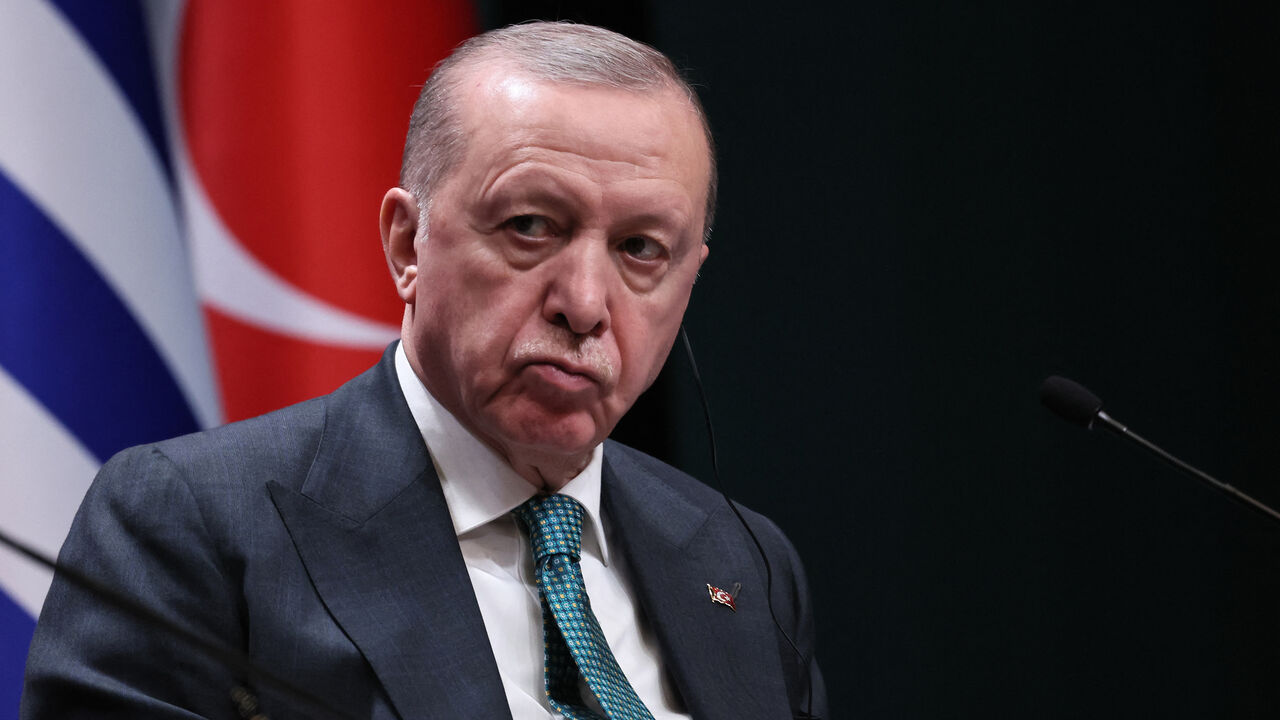 Turkish President Recep Tayyip Erdogan looks on as Greek Prime Minister Kyriakos Mitsotakis (not pictured) addresses the media during a joint press conference at the Presidential Complex, Ankara, Turkey, Feb. 11, 2026.