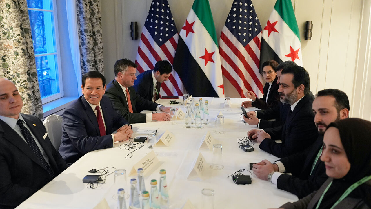 US Secretary of State Marco Rubio (2nd L), Syrian Foreign Minister Asaad al-Shibani (3rd R) and SDF commander Mazlum Kobane (4th R) meet on the sidelines of the Munich Security Conference, on Feb. 13, 2026 in Munich. 