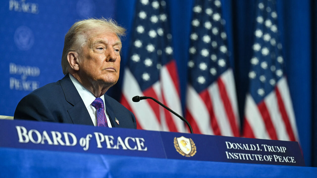 US President Donald Trump attends the inaugural meeting of the "Board of Peace" at the US Institute of Peace in Washington, DC, on Feb. 19, 2026. 