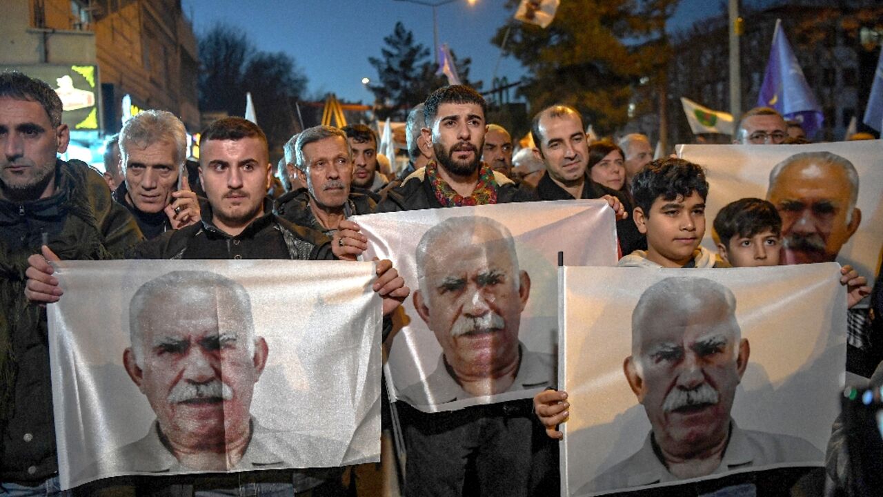 Protesters demand the release of PKK founder Abdullah Ocalan during a march in the Kurdish-majority city of Diyarbakir