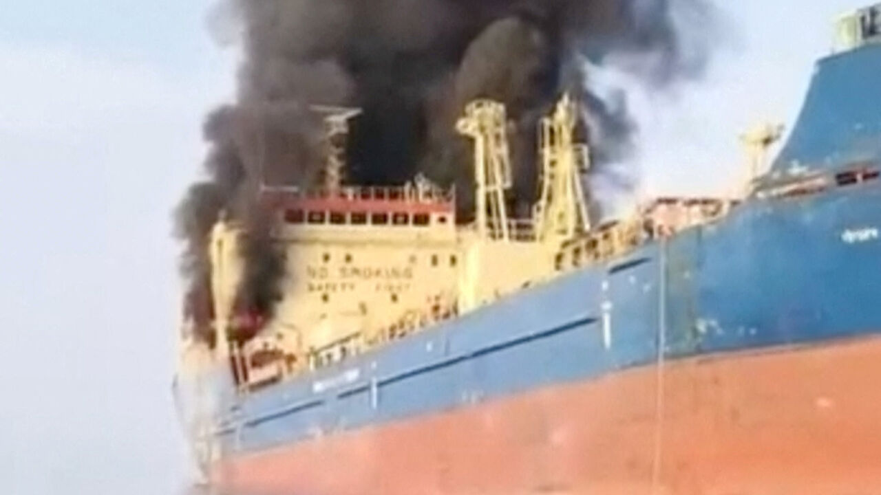 Smoke billows from an oil tanker under U.S. sanctions, that was hit off Oman's Musandam peninsula, in this screen grab from a video obtained by REUTERS on March 1, 2026.