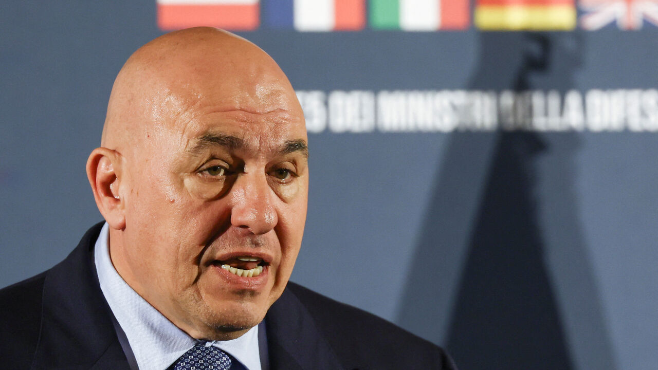 Italian Defence Minister Guido Crosetto speaks at the joint press conference on the day of the meeting of the European Group of Five Defence Ministers at the Italian Air Force Headquarters in Rome, Italy May 16, 2025. REUTERS/Eloisa Lopez