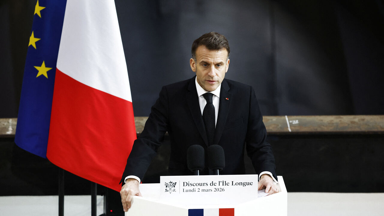 French President Emmanuel Macron delivers a speech next to the submarine 'Le Temeraire'  (The Temerarious) at the nuclear submarines Navy base Ile Longue in Crozon, France, March 2, 2026. Yoan Valat /Pool via REUTERS