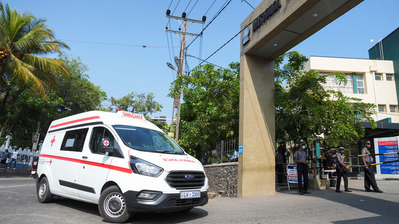 An ambulance carries injured people to the National Hospital Galle for treatment after submarine attack on Iranian ship off Sri Lanka, in Galle, Sri Lanka, March 4, 2026. REUTERS/Thilina Kaluthotage