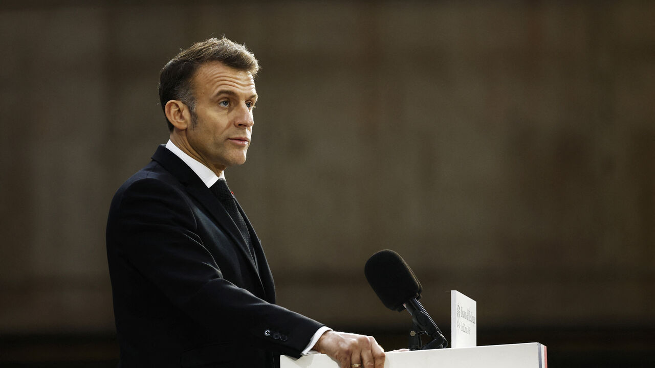 French President Emmanuel Macron delivers a speech at the nuclear submarines Navy base Ile Longue in Crozon, France, March 2, 2026. Yoan Valat /Pool via REUTERS