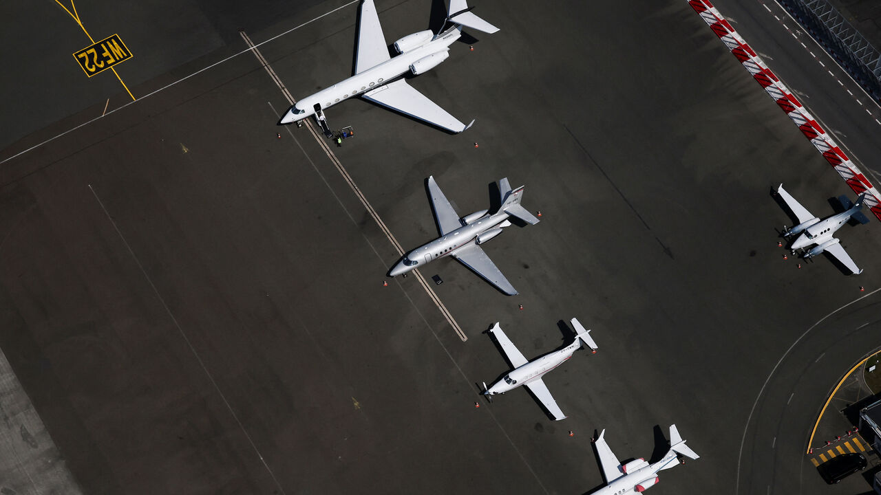 An aerial view shows private jets on the tarmac of Le Bourget Airport near Paris, France, June 17, 2025. REUTERS/Sarah Meyssonnier