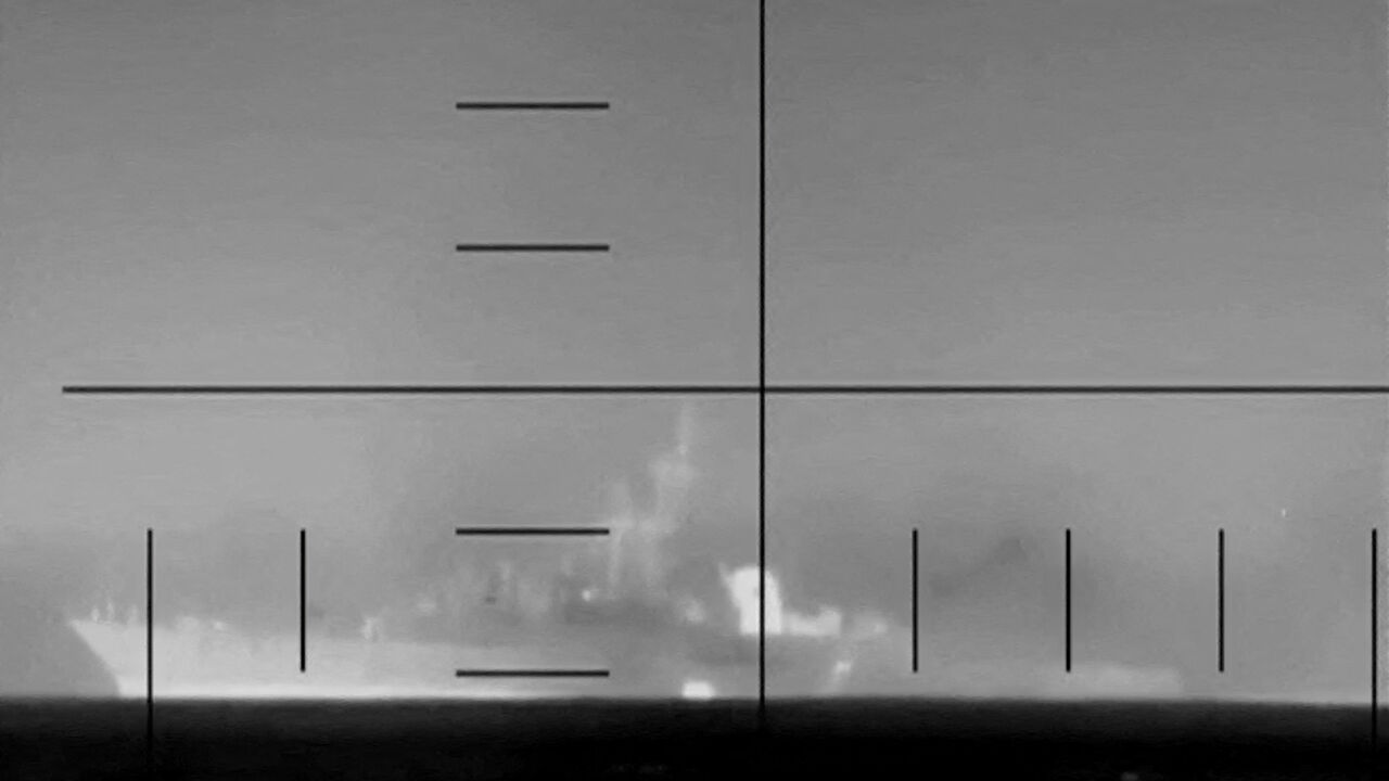 An Iranian warship explodes off the coast of Sri Lanka in this screengrab obtained from a handout video released on March 4.  via US Department of Defense
