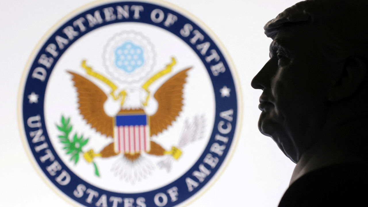 A 3D-printed miniature model of U.S. President Donald Trump with the U.S. Department of State logo in the background is seen in this illustration taken April 23, 2025. REUTERS/Dado Ruvic/Illustration