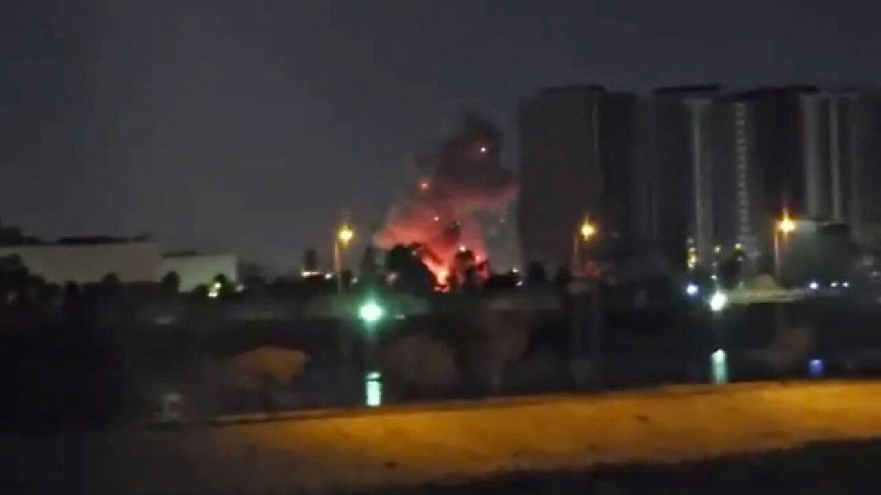 Smoke and fire rise during reported drone and rocket strikes at the U.S. embassy, according to Iraqi security sources, in Baghdad, Iraq, in this still image obtained from a social media video released on March 17, 2026. Social Media via REUTERS