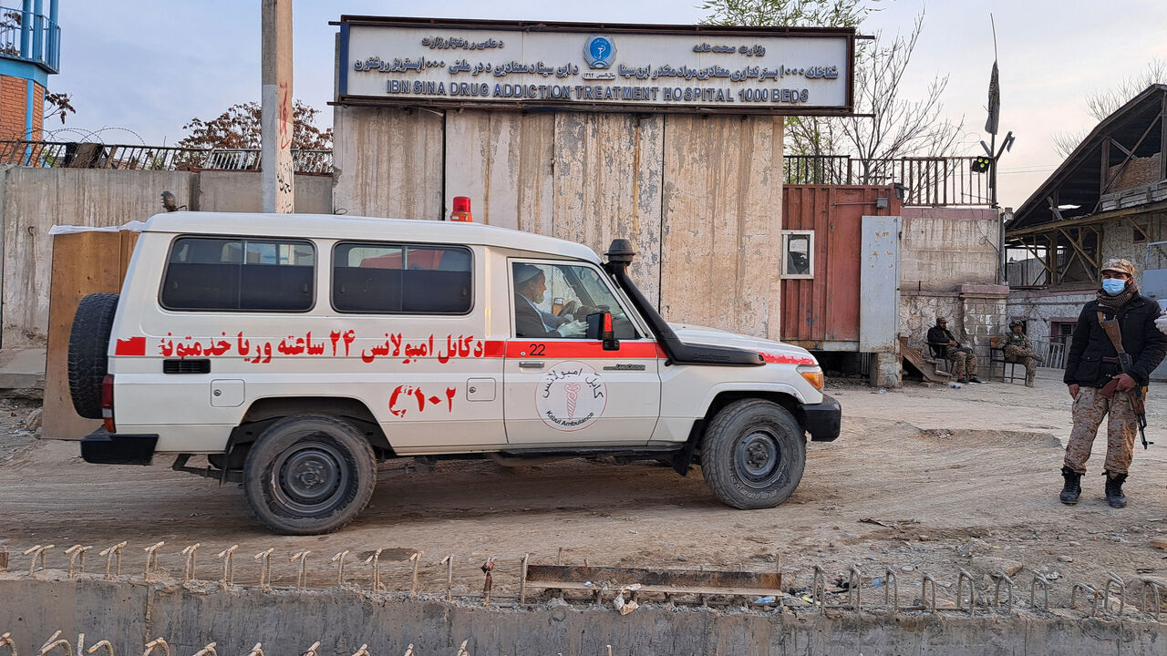 An ambulance is parked outside a drug users rehabilitation hospital destroyed in what the Taliban said was a Pakistani air strike in Kabul, Afghanistan, March 17, 2026. REUTERS/Yunus Yawar