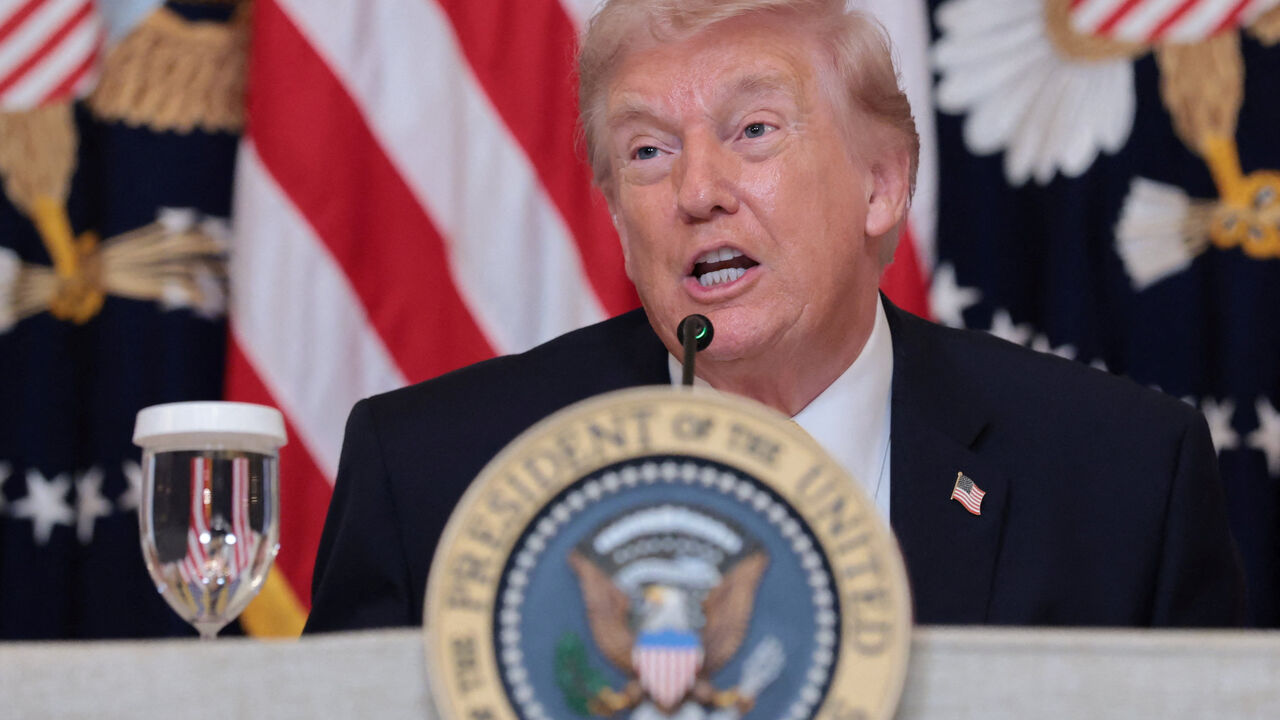 U.S. President Donald Trump speaks during a lunch with the Kennedy Center board members in the East Room of the White House in Washington, D.C., U.S., March 16, 2026. REUTERS/Jonathan Ernst