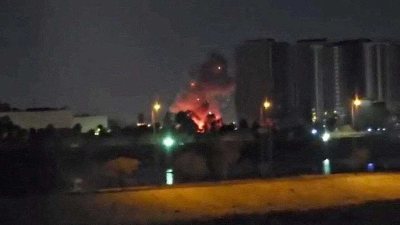 Smoke and fire rise during reported drone and rocket strikes at the U.S. embassy, according to Iraqi security sources, in Baghdad, Iraq. Social Media via REUTERS