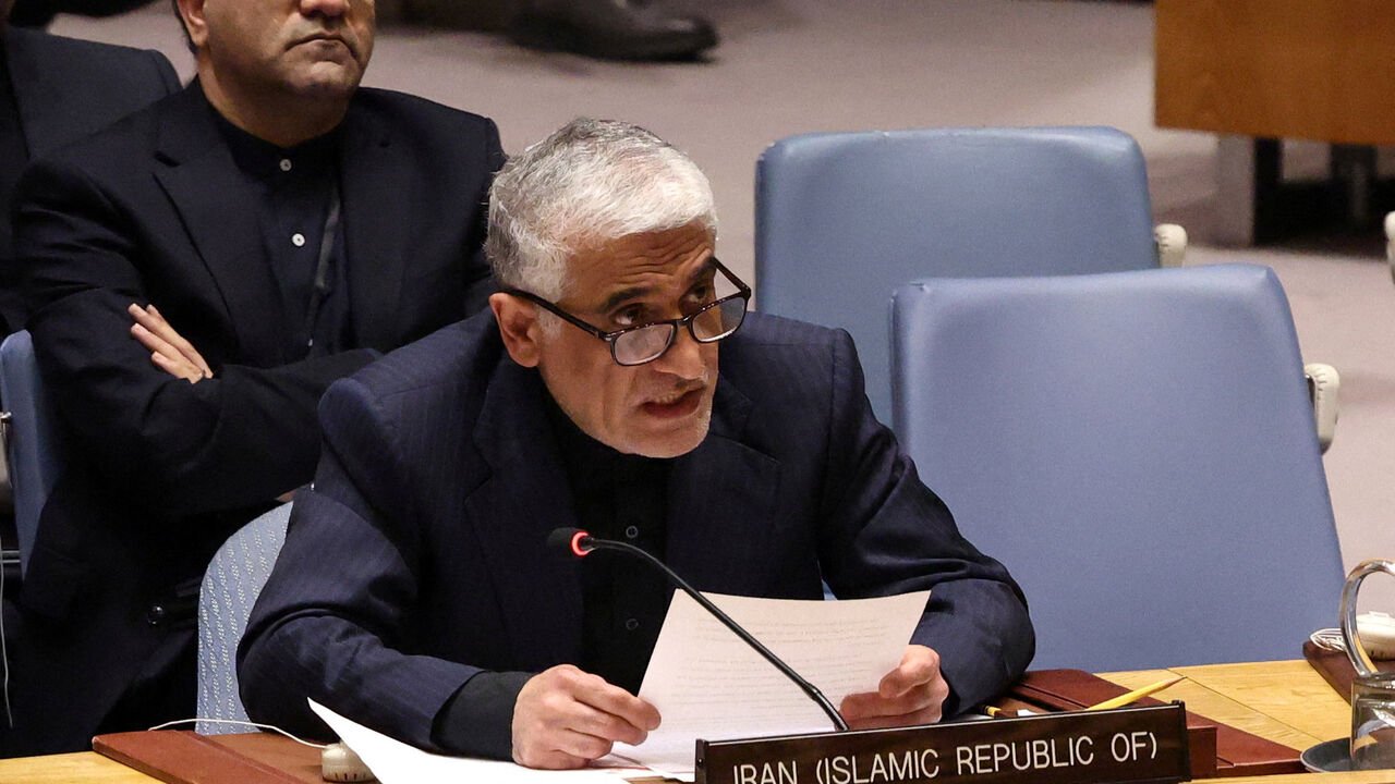 Amir-Saeid Iravani, Iran's Ambassador to the United Nations, addresses members of the United Nations Security Council on resolutions on the situation in Iran and the Middle East at U.N. headquarters in New York City, U.S., March 11, 2026. REUTERS/Shannon Stapleton