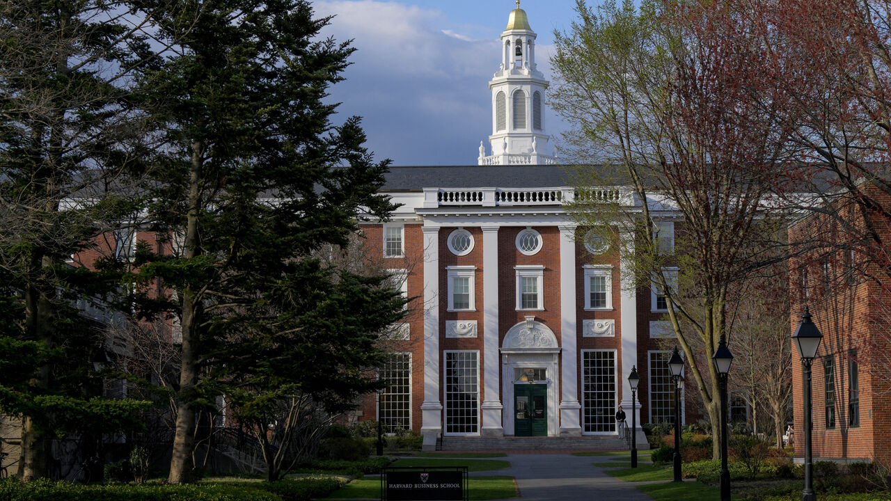 FILE PHOTO: A view of the Business School campus of Harvard University in Cambridge, Massachusetts, U.S., April 15, 2025.   REUTERS/Faith Ninivaggi/File Photo