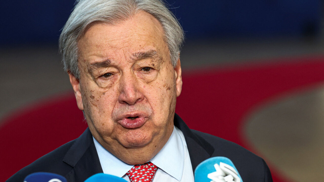 United Nations Secretary-General Antonio Guterres speaks to the press on the day of a European Union leaders' summit in Brussels, Belgium March 19, 2026. REUTERS/Yves Herman
