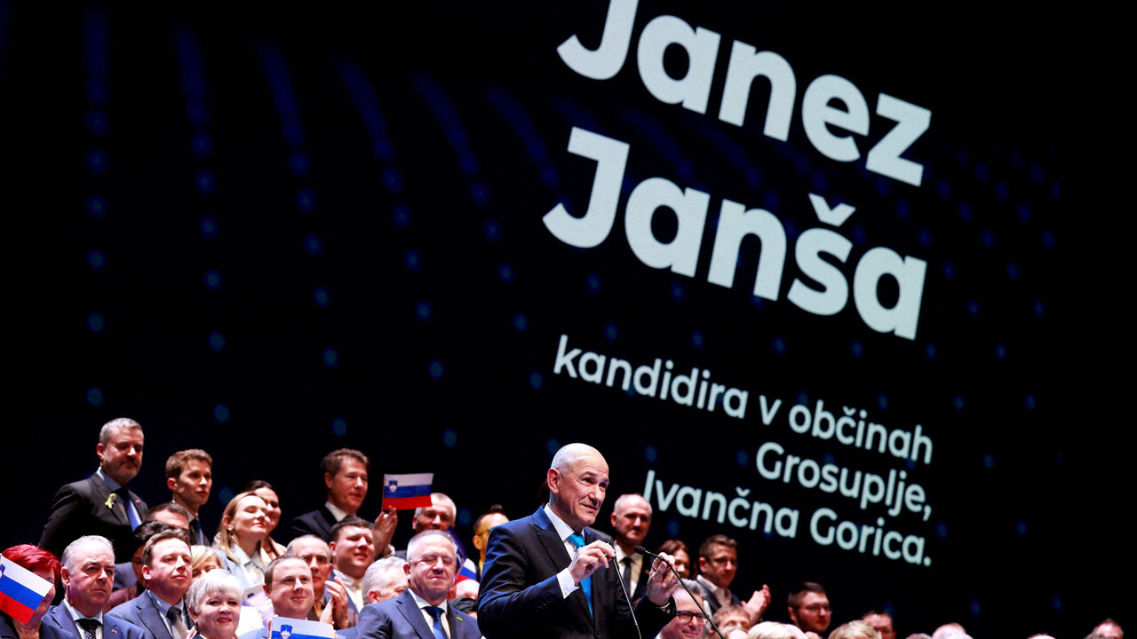 FILE PHOTO: President of the Slovenian Democratic Party (SDS), Janez Jansa, presents the party's candidates and announces the election programme at a party congress ahead of national elections, in Ljubljana, Slovenia, February 21, 2026. REUTERS/Borut Zivulovic/File Photo
